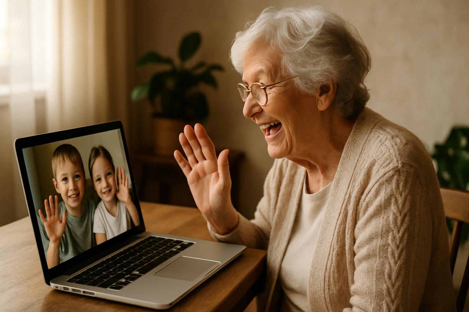 Grand-mère en visio avec ses petits-enfants
