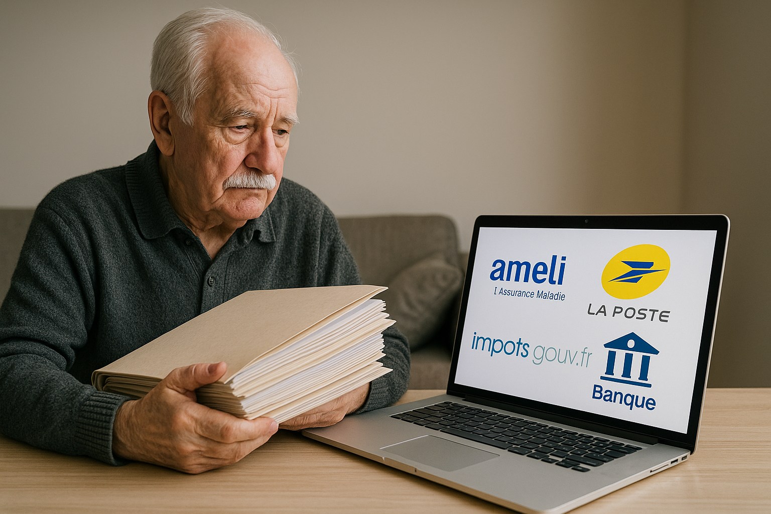 Grand-père face aux démarches administratives en ligne